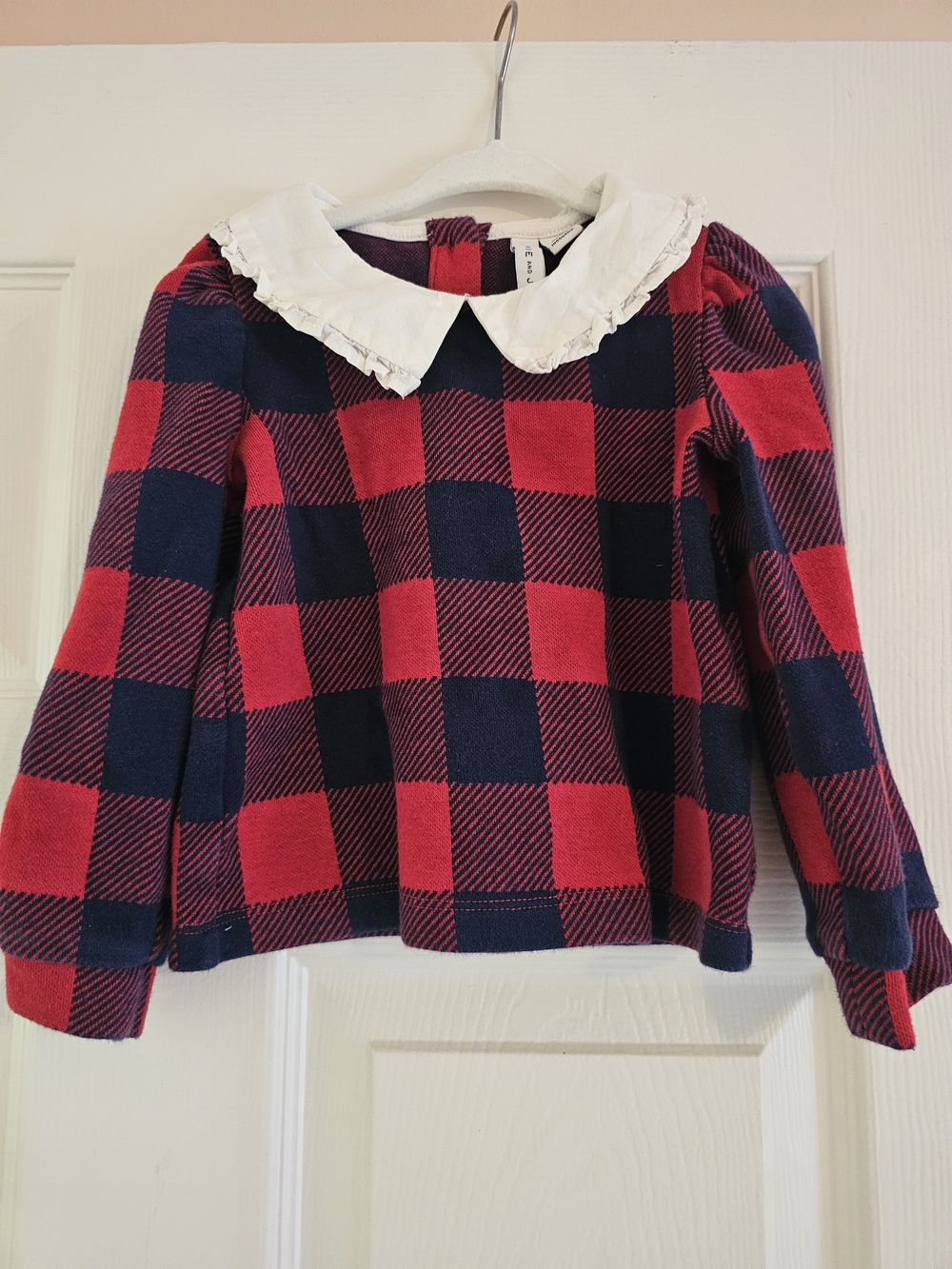 Janie and Jack Red & Navy Plaid Long-Sleeve Top with White Peter Pan Collar